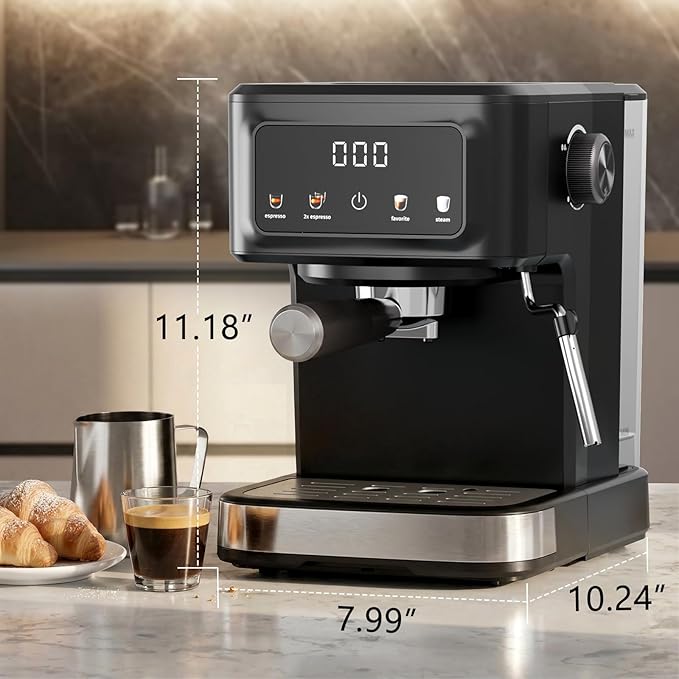 Kndko Espresso Machine, 15 Bar Digital Espresso Maker, Milk Frother Steam Wand for Latte & Cappuccino, Compact Coffee Machine, 1.5L Removable Water Tank, 2 cups dual-stainless steel filter