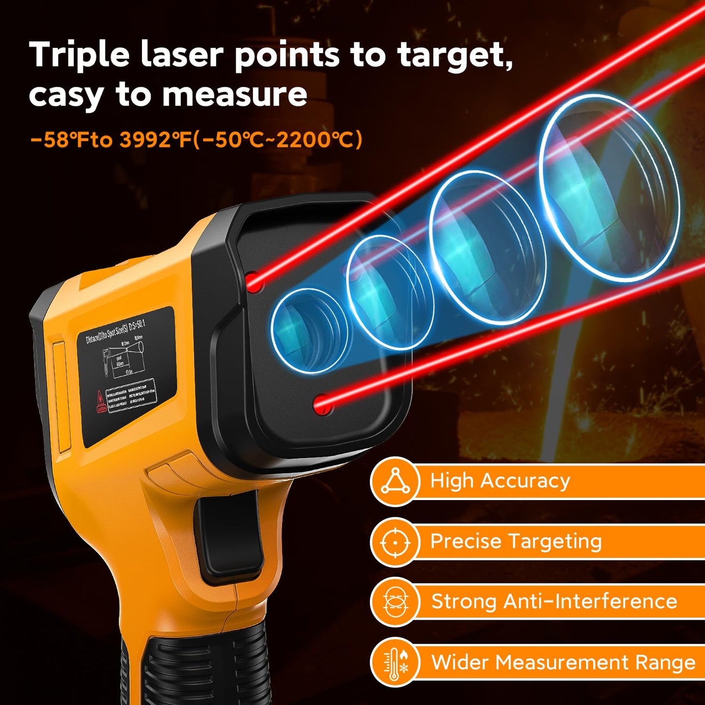 '-58°F to 3992°F Infrared Thermometer IR Gun, High-Temp Digital Temperature Gun 50:1 Non-Contact Pyrometer & Triple Laser for Kiln, Forge, Furnace, Engine, HVAC, Industrial Use