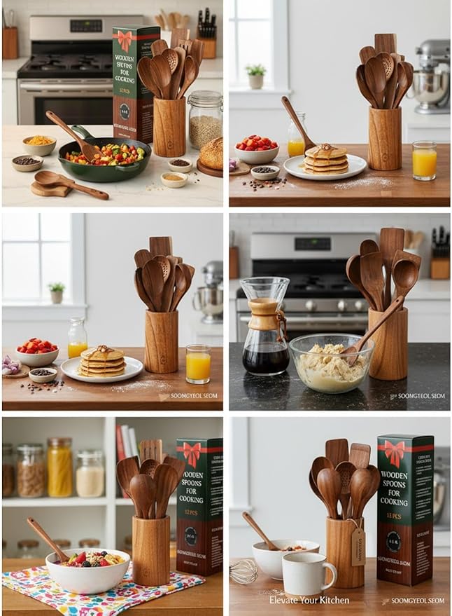 Natural Teak Wood Kitchen Utensil Set - 12 Piece Cooking Spoons & Spatulas with Large Spoon Holder & Rest, Non-Stick Heat Resistant Wooden Tools, Food-Safe Eco-Friendly Organizer