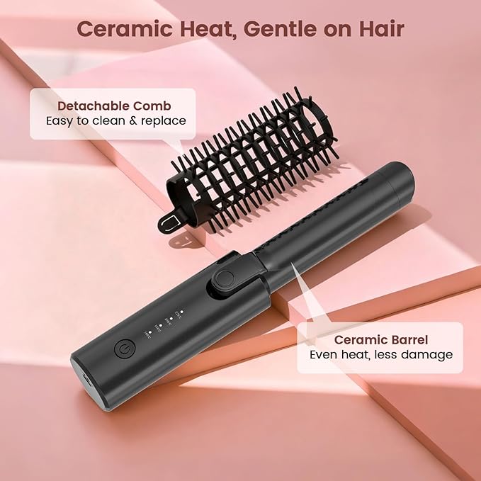Youbella Cordless Hair Curling Iron Brush, Portable Travel Hair Curler, Mini 1.5″ Heated Round Brush, 3-in-1 USB Rechargeable Straightening Wand for Styling & Smoothing, 200 Million Ionic Care, Black