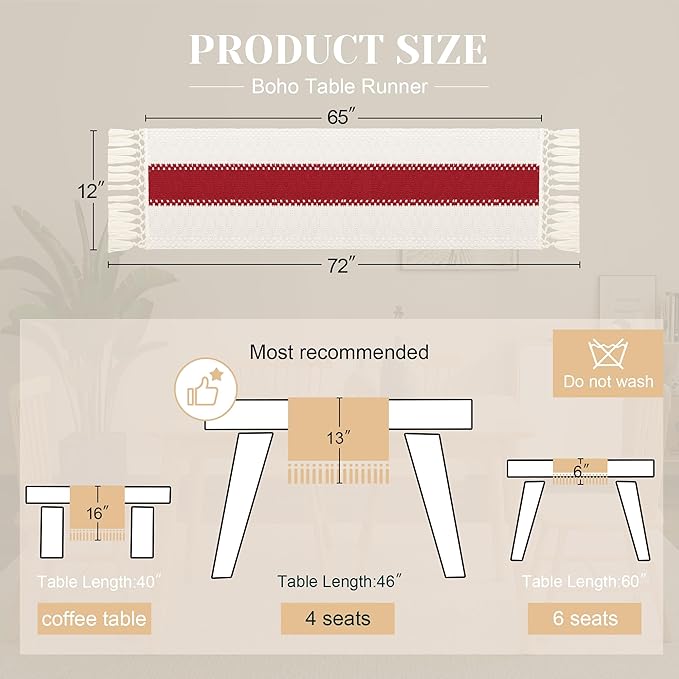 FEXIA Christmas Table Runner for Home Decor with Tassels 72 Inches Long Farmhouse Red Rustic Boho Table Runner Macrame Burlap Table Decoration for Living Room Bridal Shower(12x72 Inches)