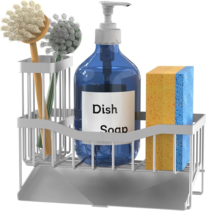 Maifan Sink Caddy Sponge Holder for Kitchen with Brush Holder and Stainless Steel Self Drain Tray, Rustproof Kitchen Sink Organizer for Sponge, Soap Dispenser Storage Accessories (Lacquer Silver) | Sponge Holder, Brush Holder, Self Drain Tray, Rustproo...