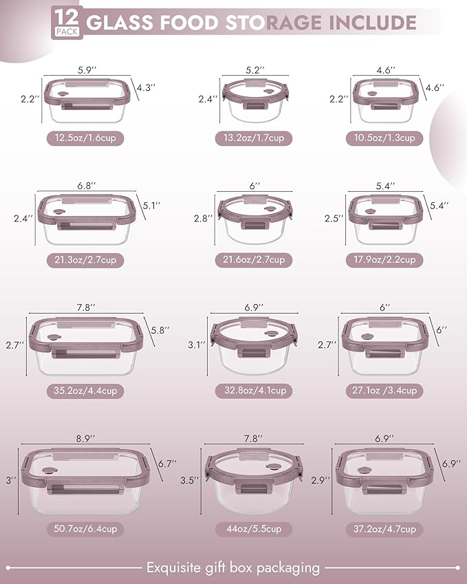 12-Pack Glass Containers with Tempered Lids – Borosilicate, Oven-Safe(-4°F~950°F), Airtight, BPA-Free, Multi-Size for Meal Prep, Dishwasher Safe (Pink)