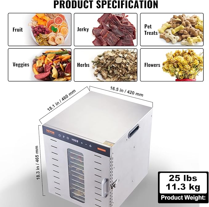 VEVOR Food Dehydrator, 10 Trays Stainless Steel Food Dehydrator Machine, 1000W Dehydrators with Digital Adjustable Timer & Temp, Dehydrator for Jerky Herb Meat Beef Fruit Dog Treats and Vegetables