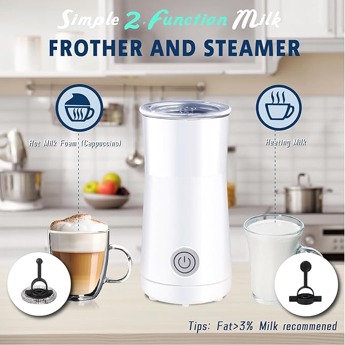 Huogary Milk Forther Simple Milk Frother and Steamer 2-in-1 Milk Steamer with Hot Milk Foam and Hot Milk for Latte, Macchiato, Cappuccinos, White （Medium）