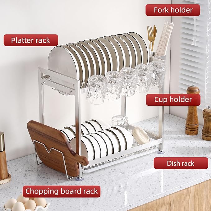 Dish Drying Rack, Double Layered countertop Kitchen Organizer with Drainage Large Bowl Rack and Storage Rack with Drainage Board (Silver Upgraded Version)