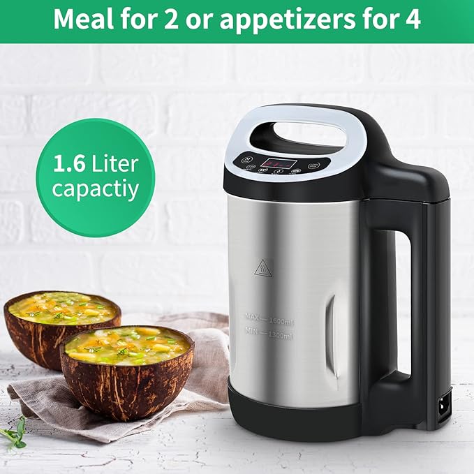 Soup Maker 1.6 L, 4-in-1 Multifunctional Smooth Soup and Chunky Soup Machine Maker with LCD Control Panel, Stainless Steel Electric Hot Soup Maker, 2-5 Servings, Smart Living for Home Use
