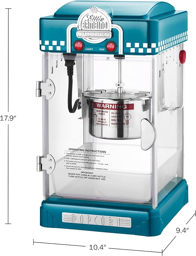 Little Bambino Popcorn Machine - 2.5oz Tabletop Movie Theater Popcorn Popper with Stainless-Steel Kettle by Great Northern Popcorn (Blue)