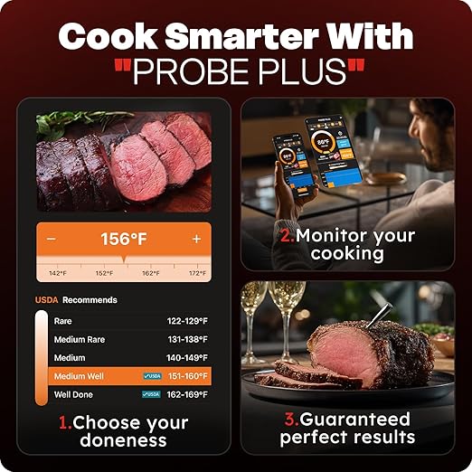 Smart Wireless Meat Thermometer with Ultra-Thin Probe, 6 Sensors Accuracy Digital Food Thermometer 0.5S Instant Read, IP67 Waterproof for BBQ, Grill, Smoker, Oven, Air Fryer,Grey