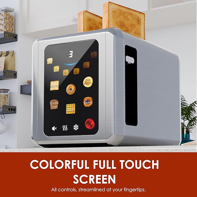 WHALL Touch Screen Toaster 2 Slice, 1.5'' Extra Wide Slot Smart Toaster with Digital Timer, 6 Bread Types & 6 Shade Settings, Crumb Tray, Reheat/Defrost, Stainless Steel Bread Toasters, Silver