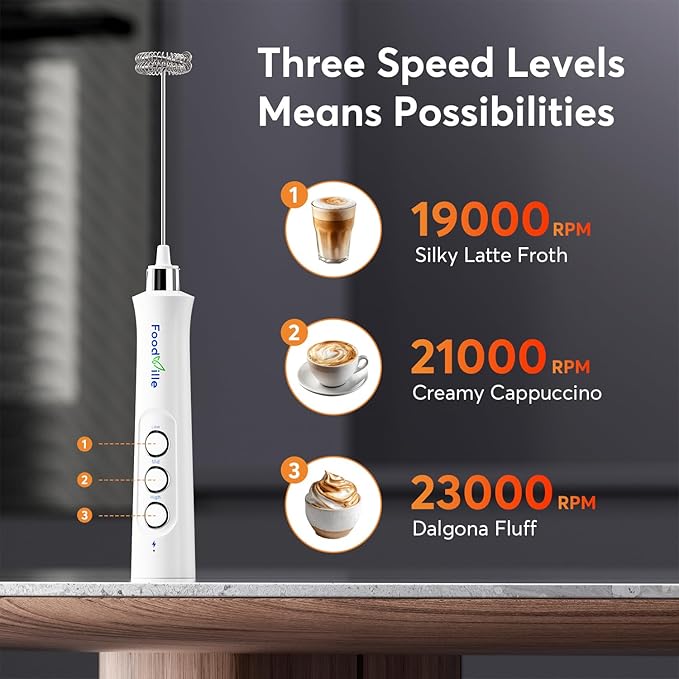 FoodVille MF02 Rechargeable Milk Frother Handheld Foam Maker with Stainless Whisk for Cappuccino, Latte, Bulletproof Coffee, Keto Diet, Protein Powder, Matcha (Pure White)