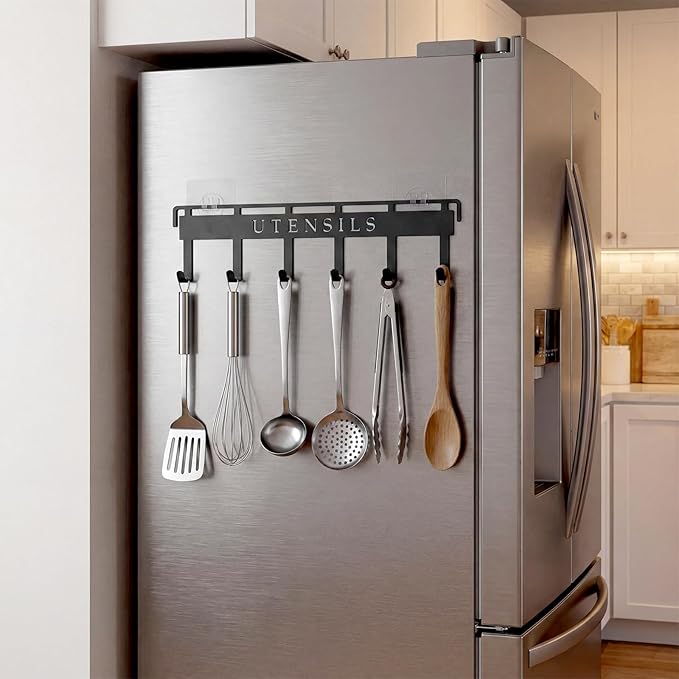 Kitchen Utensil Hanger Wall Mount Kitchen Utensil Holder Organizer Rack Rail with 6 Hooks Space Saving No Drilling Black Adhesive Wall Hooks for Hanging Cooking Utensils Set