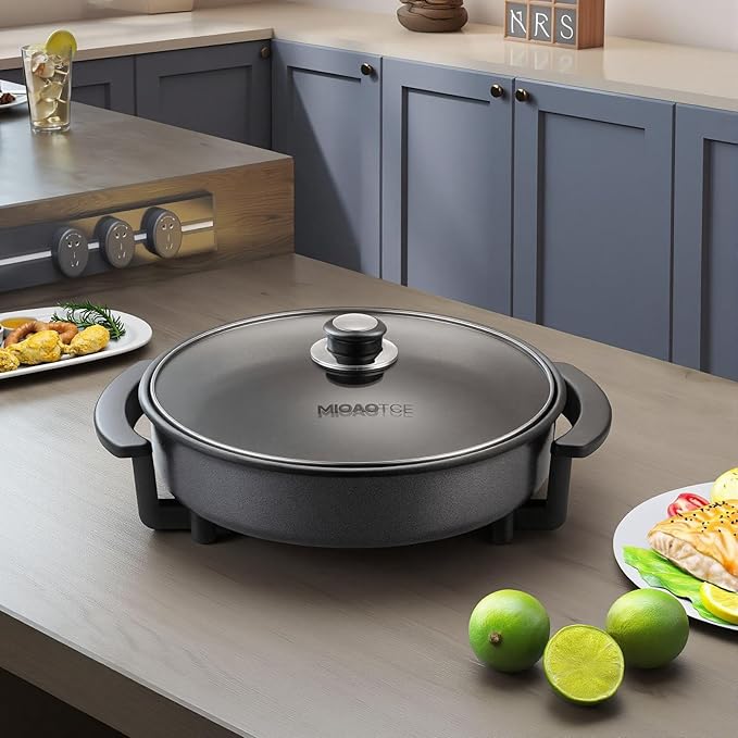 12" Round Electric Skillet with lid, Ceramic Nonstick Coating Electric Frying Pan, 1500W Quick & Even Heating, 5 Adjustable Temperature Control, Tempered Glass Lid & Cool-Touch Handles