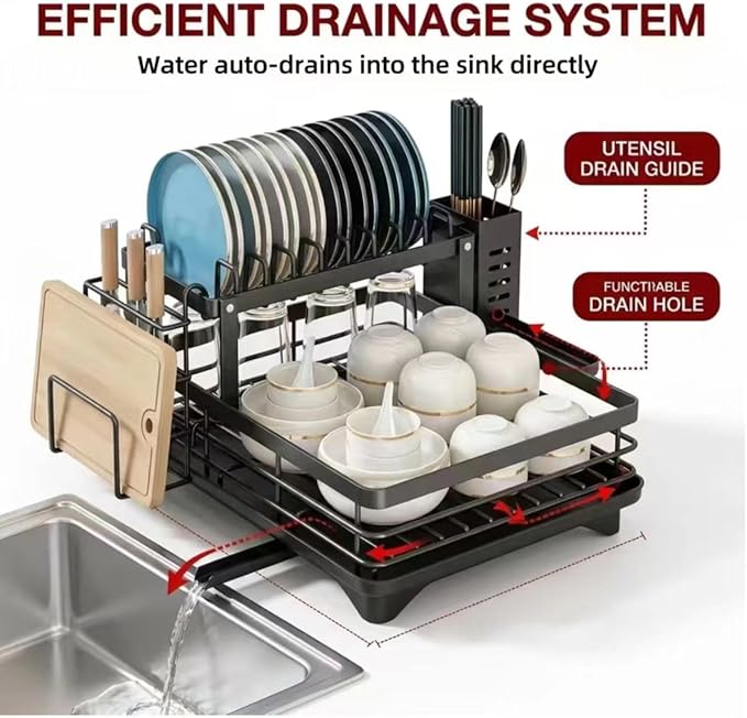 2 Tier Stainless Steel Dish Drying Rack with Auto-Draining Drainboard, Utensil Holder, Detachable & Space Saving Kitchen Counter Organizer, (Black),Chaos Coordinator Gifts