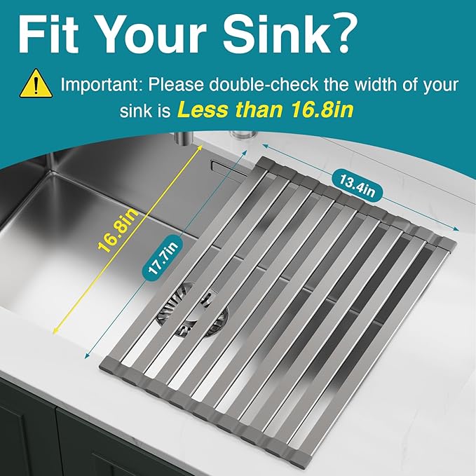 COOL-ANGLE Aluminum Roll Up Dish Drying Rack Over The Sink, 17.7" x 13.4" Rust-Proof Foldable Dish Drainer Mat, Heat Resistant Trivet & Kitchen Sink Cover, Fits Sinks up to 16.8" Wide, Matte Gray