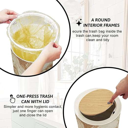 Trash Can with Lid Gold Textured Paper Press Top Round Small Garbage Bin with Wooden Legs Waste Basket for Kitchen Bedroom Nursery 7L/1.8 Gallon