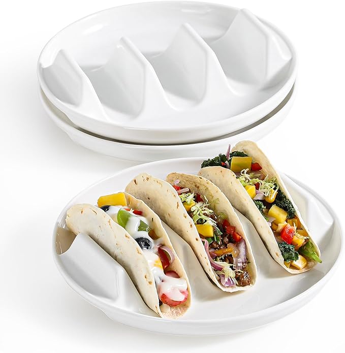 Dizada Taco Holders Set of 3-9" Porcelain Taco Plates with Dividers, Ceramic Taco Stand for Hard Soft Shells, Reusable Taco Serving Tray, Dishwasher Microwave Safe