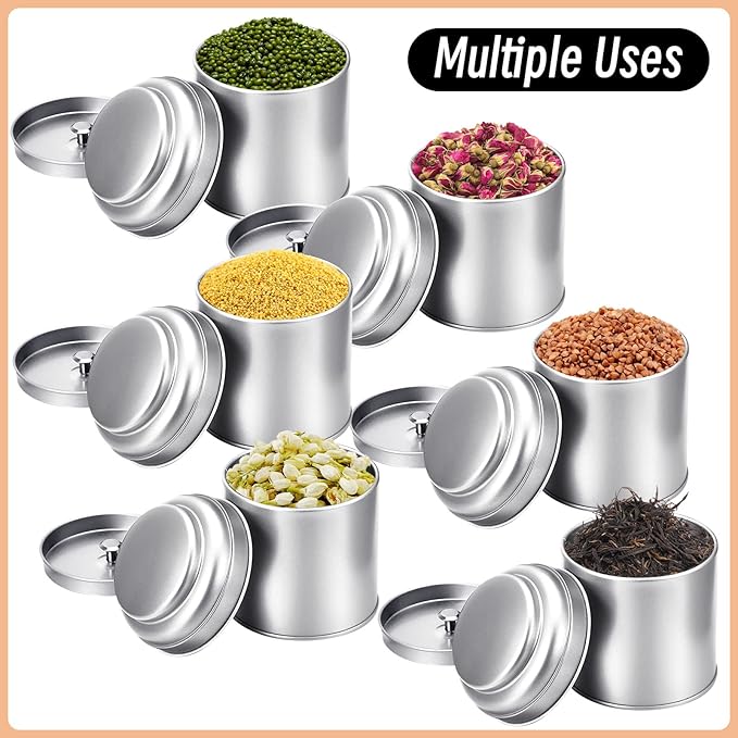 Meanplan 12 Pcs Tea Tin Canister with Airtight Double Lids Round Tin Can Box Small Kitchen Tea Canister Loose Leaf Storage Containers for Loose Bags Coffee Sugar Candy Spices(Silver,8 oz)