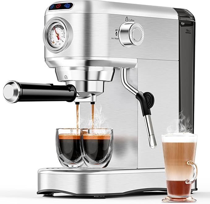 Espresso Machine with Milk Frother, 20 Bar Stainless Steel Coffee Machine, Espresso Maker with 34oz Removable Water Tank for Home, Office, Women or Men