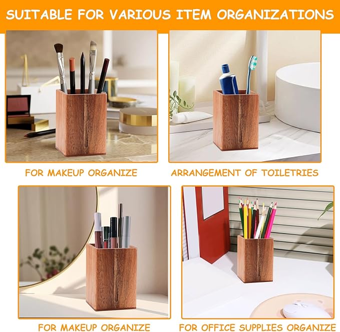Qivine Acacia Wood Utensil Holder, Wooden Silverware Holder Countertop Utensil Organizer Silverware Organizer with Tray, Kitchen Utensil Organizers for Forks, Spoons, Knives (Acacia)