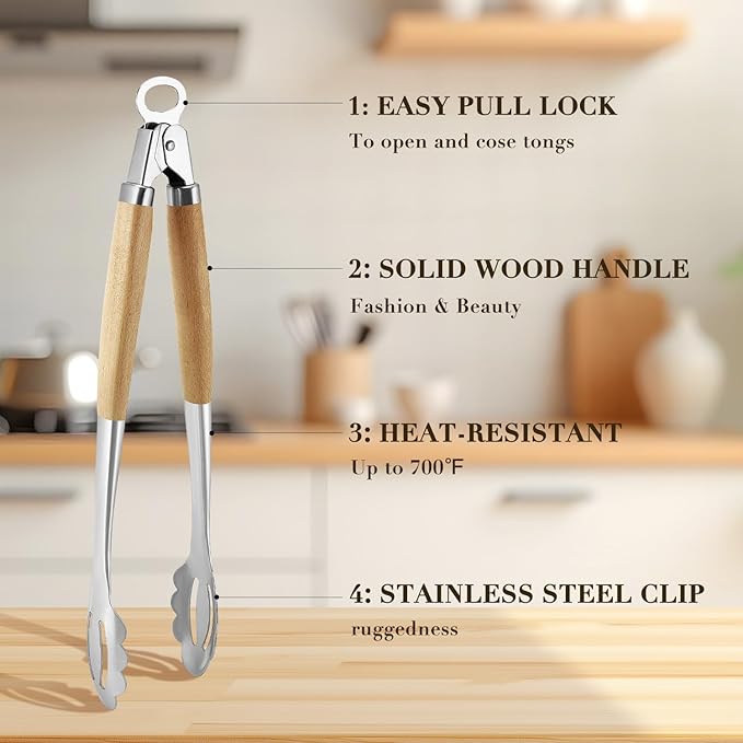 KULUNER Stainless Steel Barbecue Tongs with Solid Wood Handle, Kitchen Metal Locking Design, Extra Long 17.5 Inches 700 Degrees, Suitable for Food Cooking, Salad and Outdoor Grilling(Beechwood)
