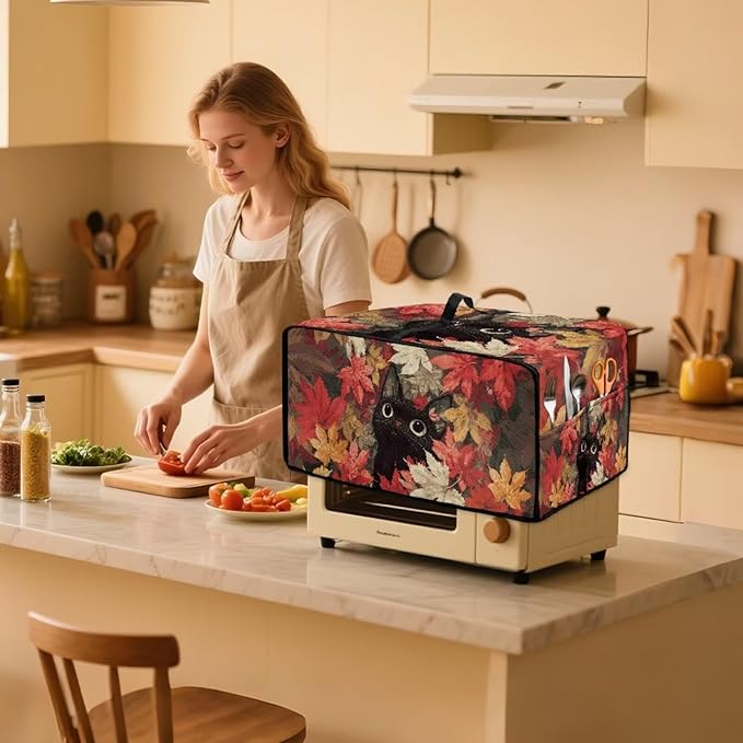 Air Fryer Toaster Oven Dust Cover Dust Protection Countertop Convection Oven Cover Stain-resistant Kitchen Appliance Protector, S, Black Cat Maple Leaf Fall Decor