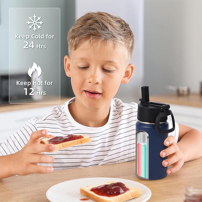 Volhoply 14oz KIds Stainless Steel Insulated Leakproof Water Bottle with Straw Lid and Silicone Boot,BPA-Free Easy Use for Boys&Girls,Double Wall Vacuum Bottles(Navy,1)