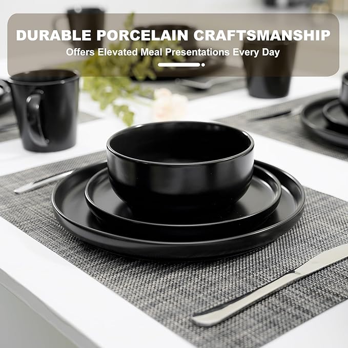 EWFEN Plates and Bowls Sets, 32 Pieces Ceramic Dinnerware Set for 8, Stoneware Dishware Dishes Set, Scratch Resistant Dishes Set, Dishwasher & Microwave Safe, Black