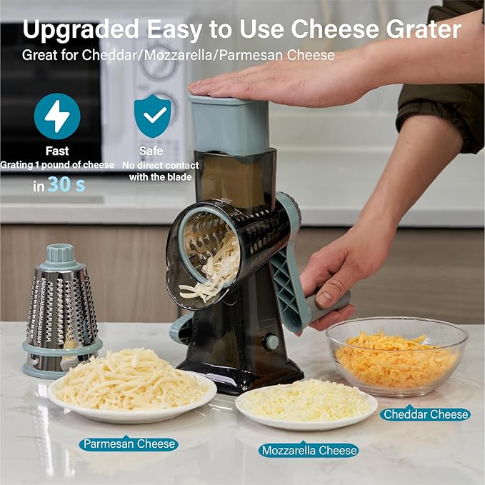 Rotary Cheese Grater hand crank, 3 Blades Cheese shredder with Stronger Suction Base | Stainless Steel Blades for Fruits, Vegetables, Nuts. Easy to Clean, Transparent Black & Blue