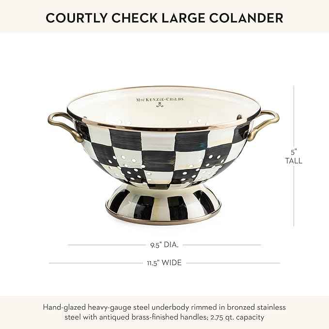 MACKENZIE-CHILDS Enamel Colander, Decorative Kitchen Strainer, Large, Black-and-White Courtly Check