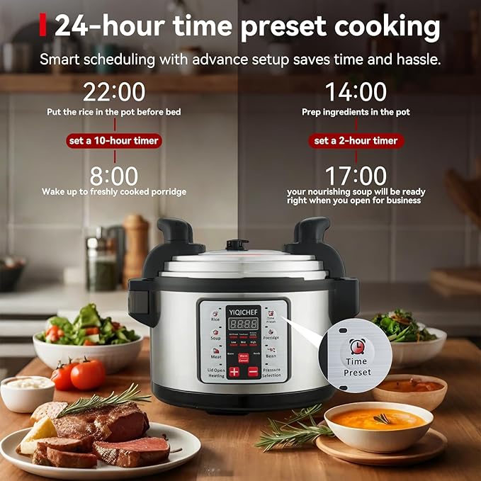 15.8Qt Commercial Large Electrical Pressure Cooker, 8-in-1 multifunctional Pressue Cooker with Non-stick Inner Pot|24 hours Preset Slow Cooker/Delay time Setting steam cooker/rice cooker and warmer