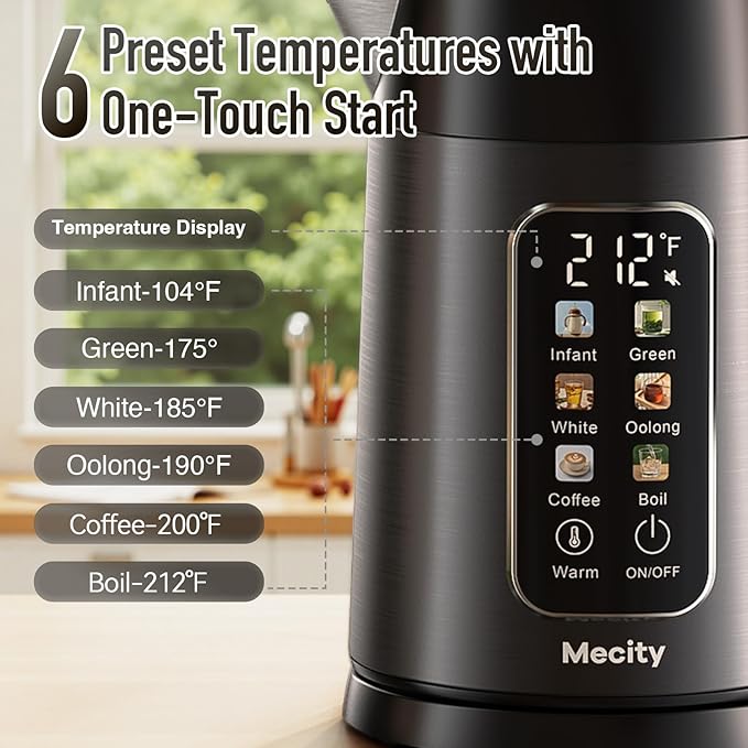 Mecity Electric Kettle 1.7L Touch Screen Temperature Control Water Boiler, No Plastic Contact with Water. 6 Preset Temperature Programs, 2 Hours Keep Warm, Auto Shut Off, Dark Grey