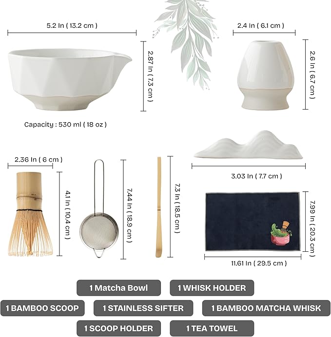 7 PCS Matcha Whisk Kit with Bowl & Scoop, Bamboo Whisk and Sifter, Traditional Japanese Tea Set for Matcha Lovers – Complete Matcha Gift Kit (White)