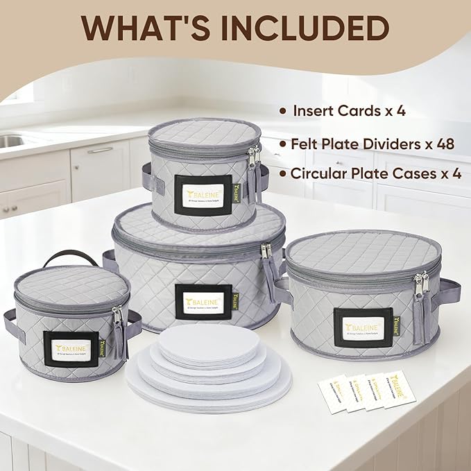 BALEINE China Storage Containers, Sturdy Quilted Wine Glass Storage, Plate Organizer with Carry Handles, Moving Boxes for Dishes, Cups, Mugs and Stemware (Plate Set, Soft Shell Grey)