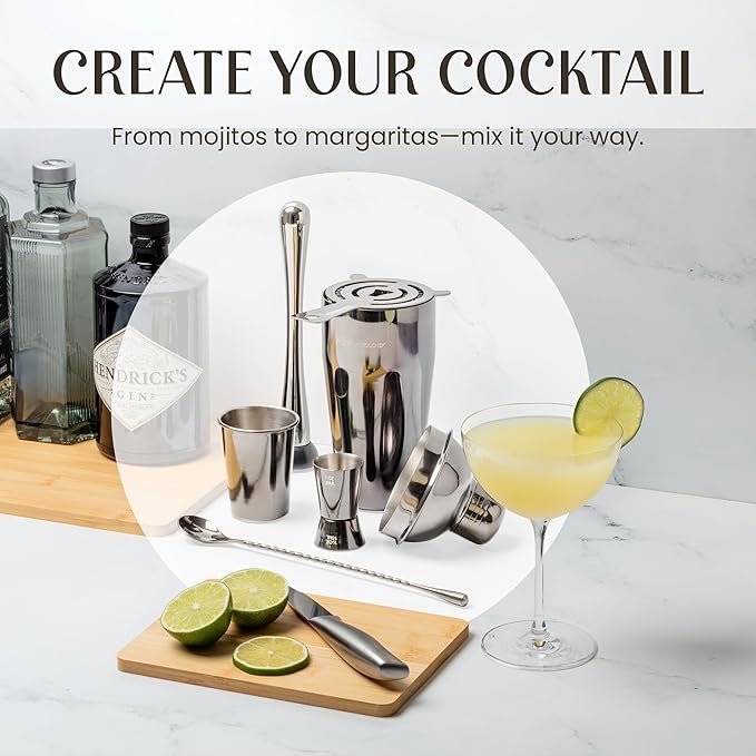 Modern Mixology 21-Piece Cocktail Shaker Set with Stand | Complete Cocktail Kit Gift Set | Top Bartender Gifts for Men & Women | Portable Bar Tools (Silver, Brown Stand)