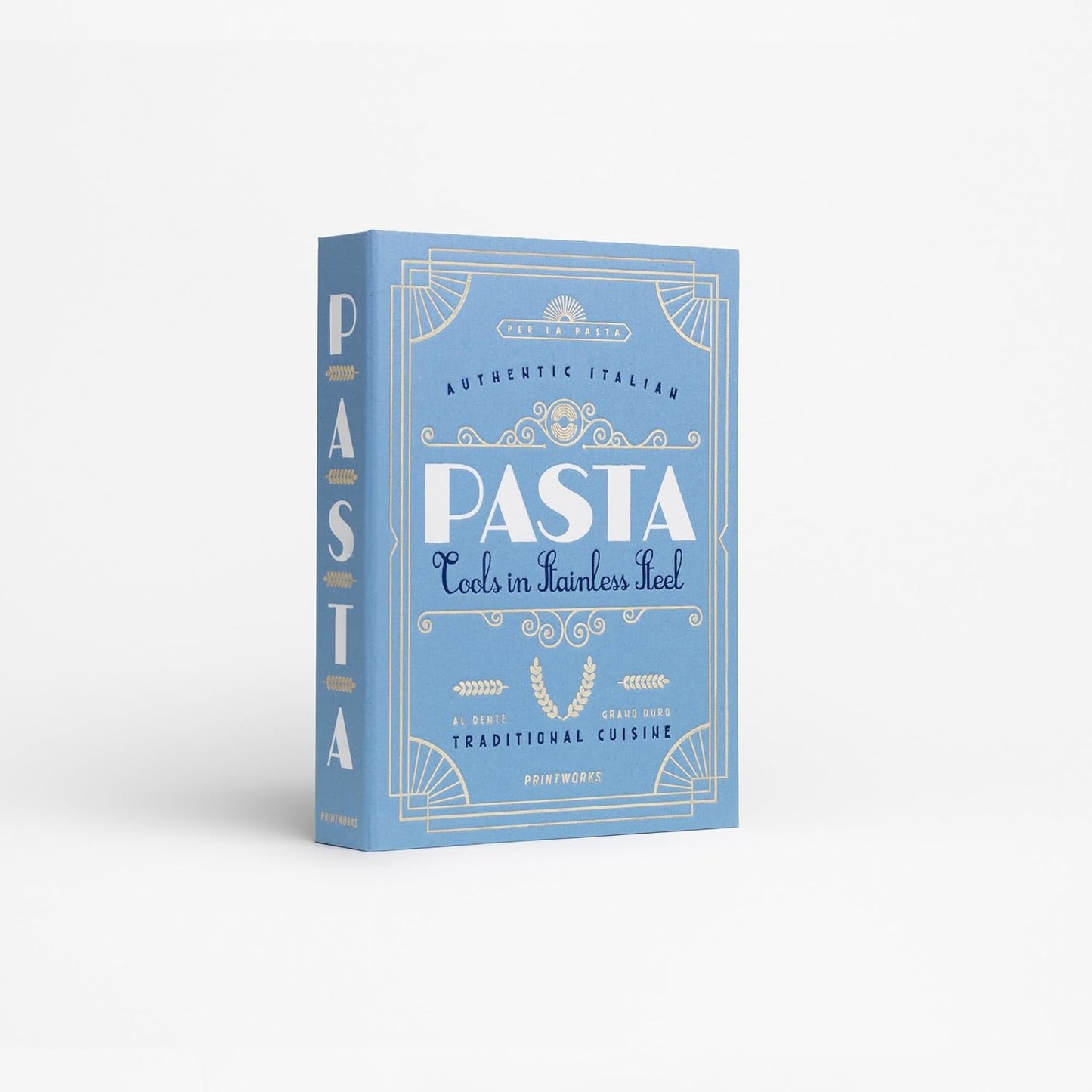 Printworks The Essentials, Pasta Tools – Pasta Kit with Spaghetti Tong, Spaghetti Measurer & Grater in Bright Blue Book-Style Case