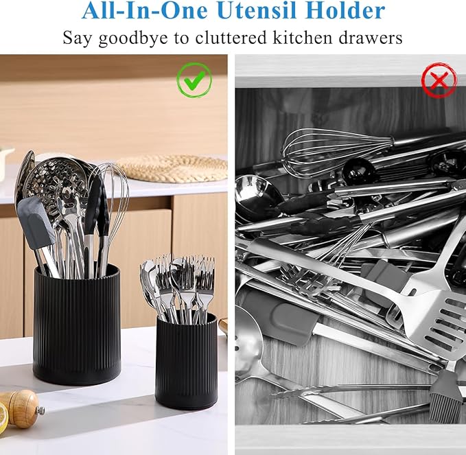Kyraton Cooking Utensils Holder 2pcs, 360° Rotating Heavy Duty Plastic Kitchen Utensil Holder for Countertop, The Small Utensil Crock for Cutlery Silverware, Tooth Brush, Desk Pencil Pen