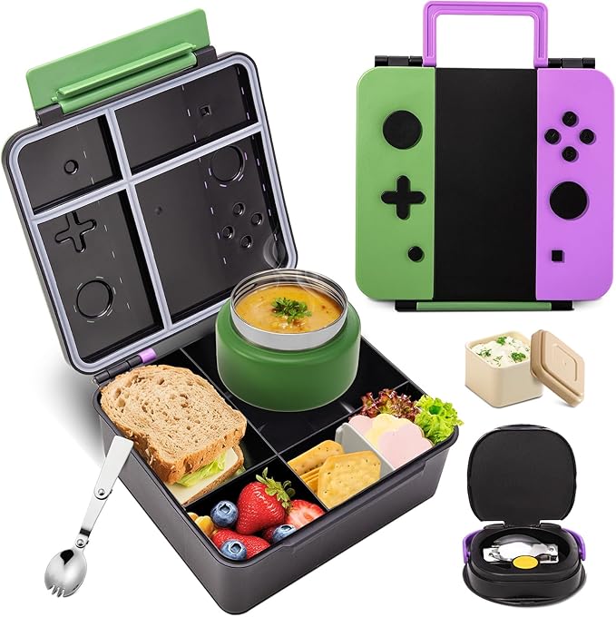 Game Bento Box for Kids, Lunch Box with Thermo(9oz Food Jar), Folding Spoon, Removable Divider & Sauce Cup, Lunch Box Kids for School,Travel, BPA-Free & Realistic Shape (Green-Purple)