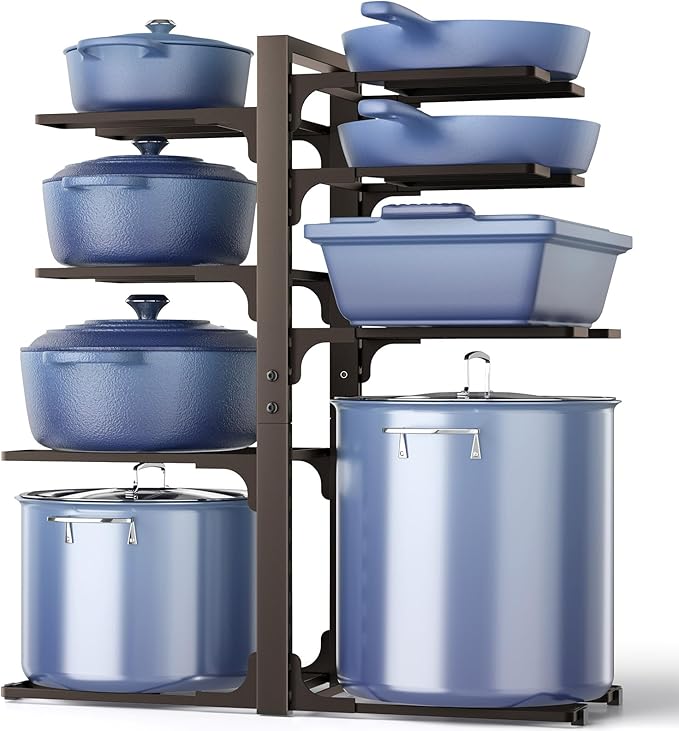ORDORA Pots and Pans Organizer under Cabinet, 20.8" Height Heavy Duty 120LBS Pots Pans Organizer Rack for Cabinet 8-Tier Adjustable for Big Stockpots, Dutch Oven, Cast-iron Pan, Heavy Cookware, Bronze