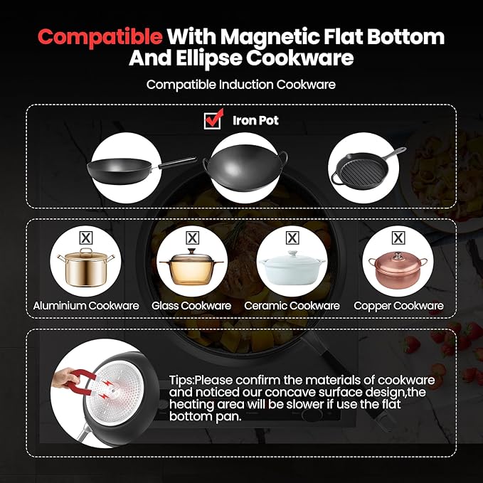 1800W Electric Wok Used For Home And Commercial,Induction Wok With Concave Surface Stainless Steel Strong Power Dual Control Mode 10 Power And Temp 24H Timer Induction Cooktop For Cooking