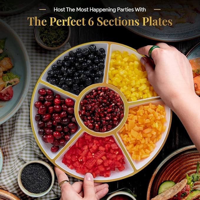 R-kay 4 Pack, 6 Sectional White Plastic Serving Trays For Party With Gold Rim - Heavy Duty Gold Party Trays For Serving Food - 12 Inch Platters