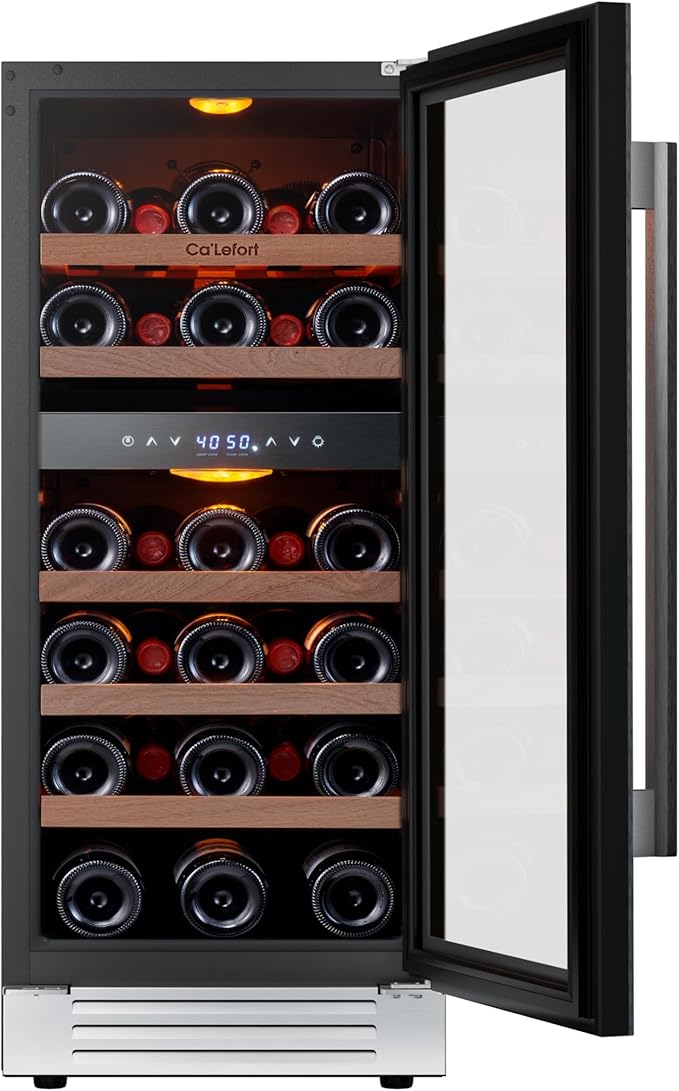 Ca'Lefort 15 Inch Wine Fridge, 28 Bottle Wine Cooler Refrigerator, 40-65°F Wine Refrigerator Glass Door, 3 LED Dual Zone Wine Fridge, Built-in or Freestanding Fridge for Home/Bar/Kitchen (3.0 cu.ft)