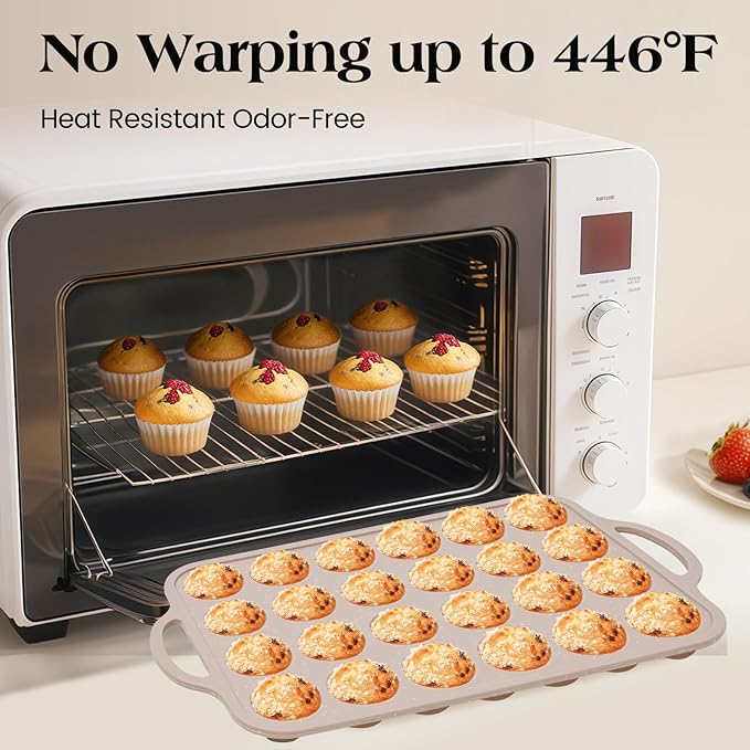 Vinino Mini Silicone Muffin Pans for Baking with Metal Reinforced Frame, 24 Cups Brown Regular Size Nonstick Cupcake Pan, BPA Free Oven Dishwasher Safe Baking Mold for Muffins Cupcakes