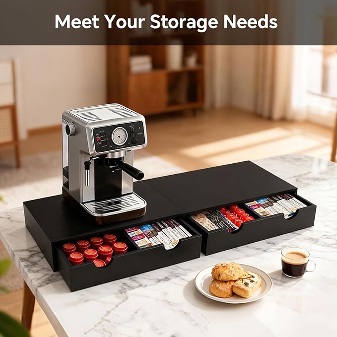 Coffee Pod 15" X 11" X 3" Natural Wood Countertop Organizer Drawer, Counter Top Espresso Tea Bag Station Storage Holder Box, Black