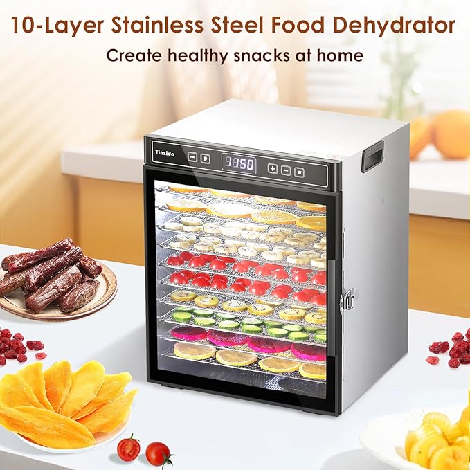 Food Dehydrator Machine For Jerky, Meat, Dog Treats, Herb, Vegetables, Fruit Dryer, 10 Stainless Steel Trays, 24H Timer, 194ºF Temperature Control, Safety Over-Heat Protection