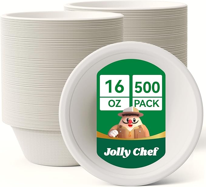 JOLLY CHEF Compostable Disposable Paper Bowl [16 oz] Heavy Duty Soup Containers [500 Pack] Biodegradable Bagasse Hot Cold Food Eco-Friendly Sugarcane Microwavable Bowls for Salad Milk Thanksgiving Day