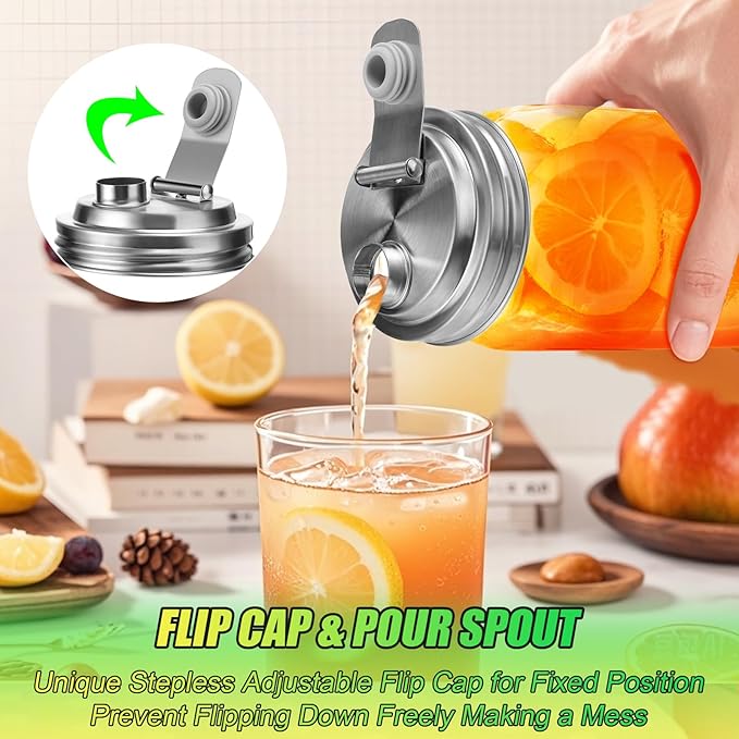 Palksky Mason Jar Pour Spout Lid Stainless Steel, Wide Mouth Pour Spout Flip Cap Lids for Mason Jars, anticracking Leak Proof Seal Cover Airtight for Drinking Salad Dressing & Food Storing(2PCS)