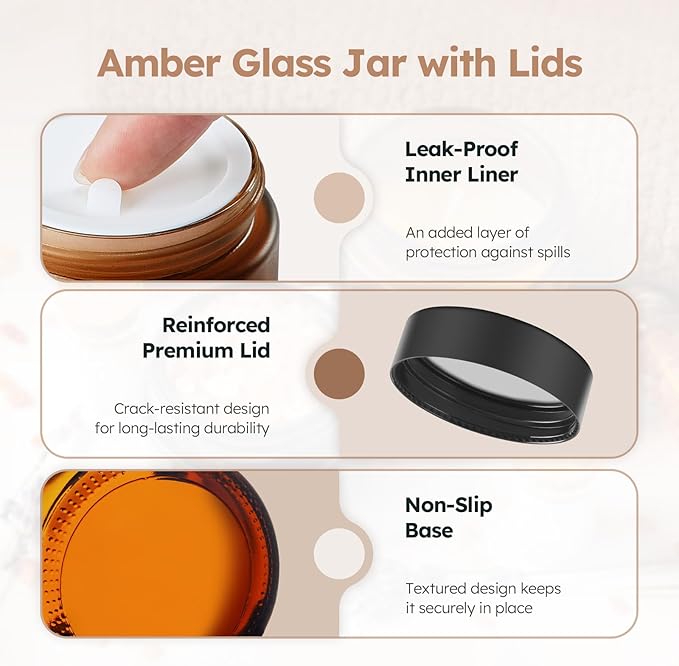 2 oz Glass Jars with Lids, 36 Pack Amber Small Glass Jars with Black Lids Leakproof Round Airtight Empty Cosmetic Travel Containers with Inner Liners For Lotions Powders and Candle Making