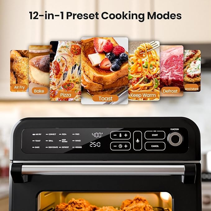 Kismile 18QT Air Fryer Toaster Oven Combo, 12-in-1 Countertop Convection Airfryer Oven, 70–450℉, Bake, Roast, Reheat & Broil, Fits 8–10″ Pizza, Includes Full Accessories, Stainless Steel (Black)