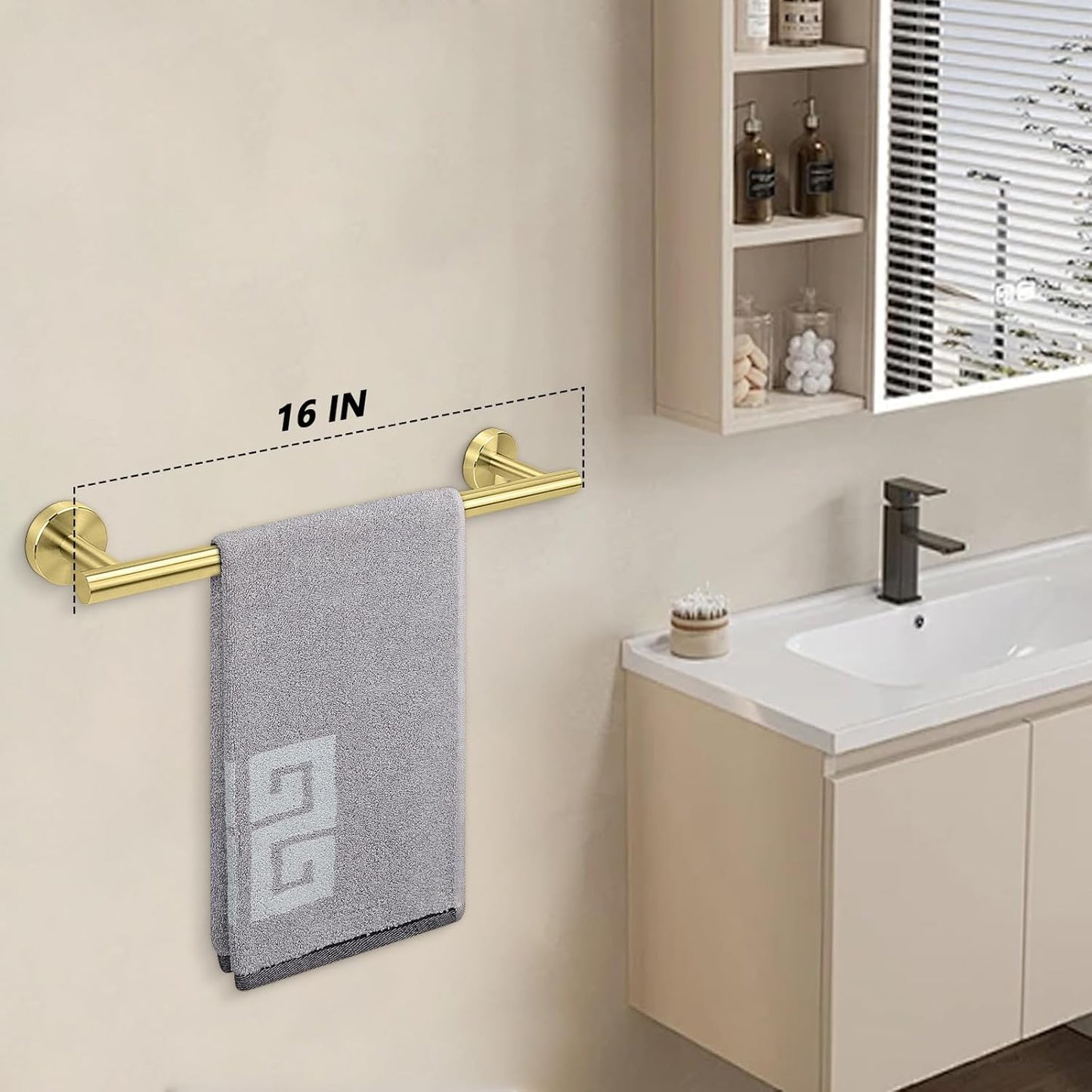 NearMoon Bath Towel Bar, Bath Accessories Thicken Stainless Steel Shower Towel Rack for Bathroom, Towel Holder Wall Mounted (1 Pack, Brushed Gold, 16 Inch)